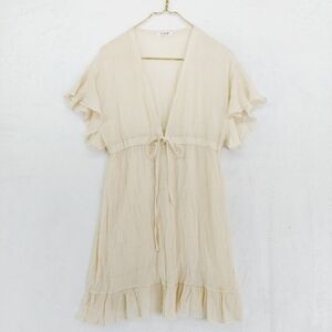 IMAGE Cream Polyester Ruffle Short Sleeve Front Tie Long V Neck Midi Dress 3766